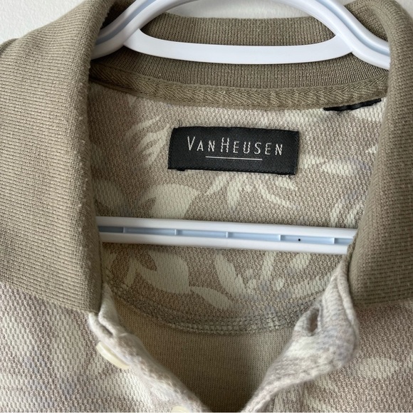Van Heusen Taupe Beige Textured Floral Polo Shirt | Y2K Grandpa Core Retro Golf - Picture 3 of 7